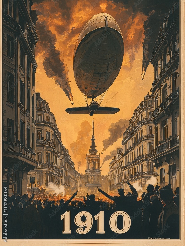 An airship glides over a vibrant crowd in a city bustling with energy during the year 1910. Buildings line the street, and the sky is filled with dramatic colors, enhancing the lively atmosphere.