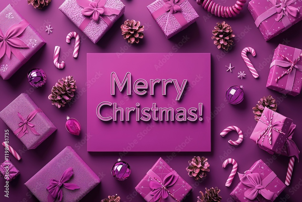 An array of pink Christmas gifts and decorations creates a vibrant holiday atmosphere. The scene features candy canes, ornaments, and pine cones, all arranged on a matching background.