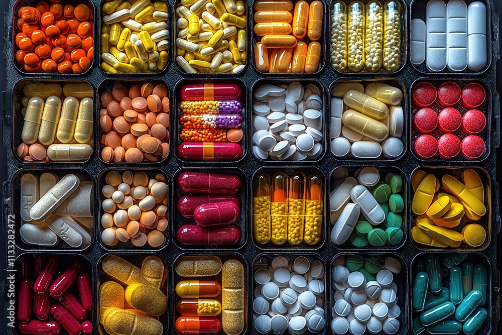 An array of various pills and capsules is neatly arranged in a grid. The vibrant colors range from yellow to orange, showcasing different shapes and sizes, all set against a black background.