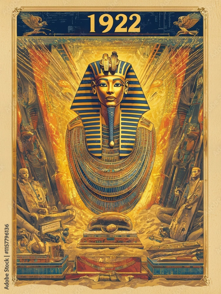An artistic depiction celebrates the discovery of tomb treasures in Ancient Egypt, showcasing a pharaoh adorned in royal regalia, surrounded by artifacts and golden hues that evoke history.