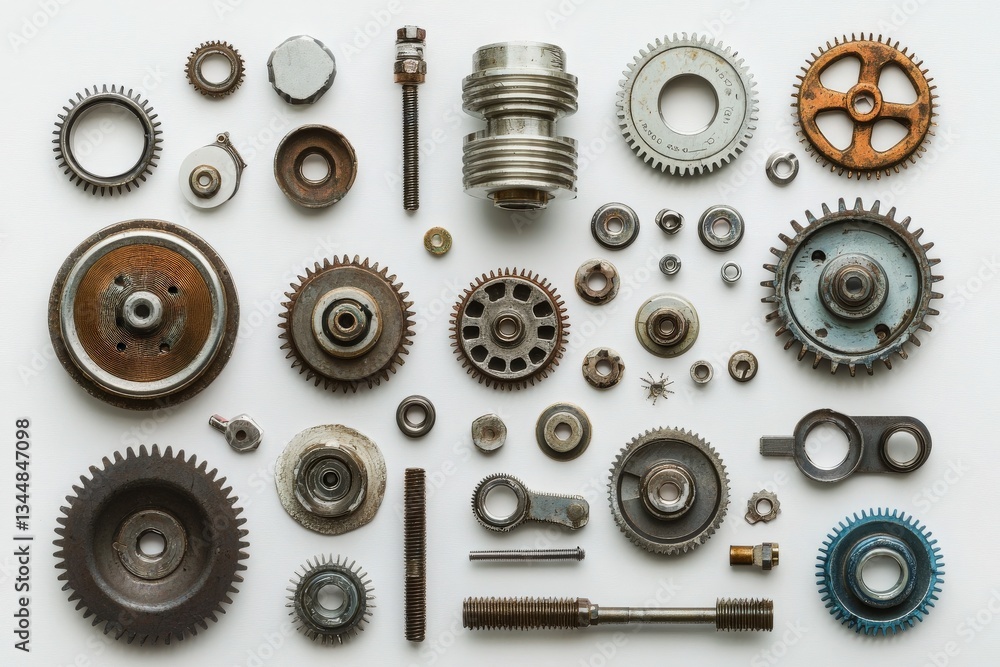 An assortment of mechanical gears, bolts, and components is laid out on a white surface. Different sizes and finishes create an eye-catching display.