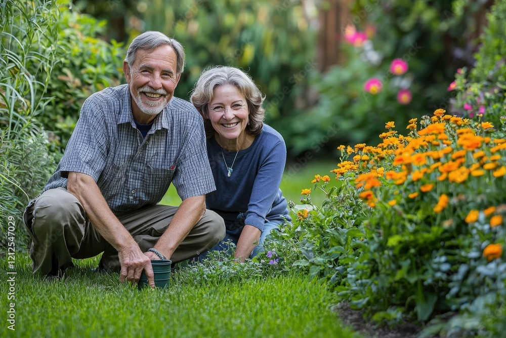 An elderly couple enjoys spending time in their backyard, smiling while tending to colorful flowers. The lush greenery surrounds them, creating a serene atmosphere during a sunny day.