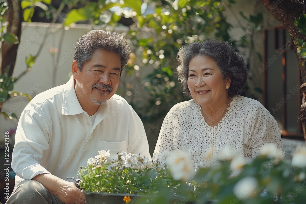 An elderly couple sits happily beside a blooming flower garden, sharing joyful moments and laughter in their serene backyard. Sunlight filters through the greenery, creating a warm atmosphere.
