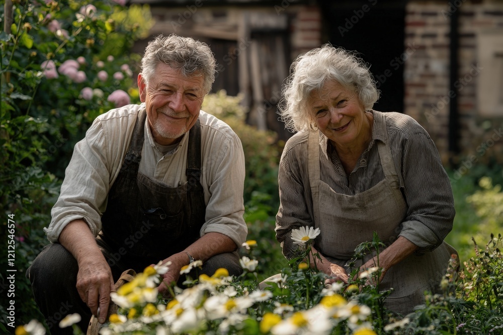 An elderly couple tends to their flower garden, smiling as they work among blooming daisies and lush greenery. The sun casts a warm glow over the scene, creating a peaceful atmosphere.