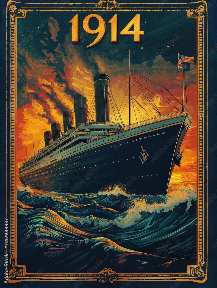 An elegant ocean liner cruises through turbulent waters as golden and red hues fill the sky at sunset in 1914. Billowing smoke from its smokestacks adds to the dramatic atmosphere.