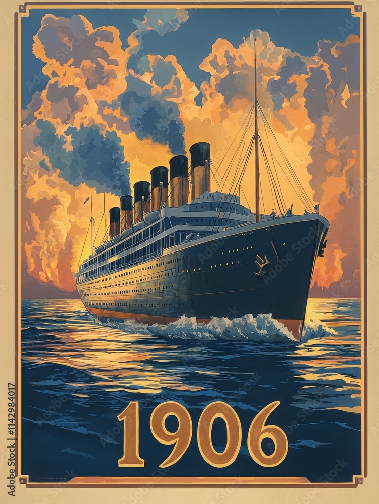 An elegant ocean liner navigates calm waters during sunset, surrounded by vibrant clouds. The year 1906 is prominently displayed, reflecting a bygone era of sea travel.
