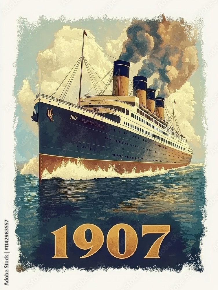 An elegant ocean liner powers through tranquil waters, with steam billowing from its tall funnels against a blue sky. The year 1907 is prominently displayed, capturing a moment from maritime history.