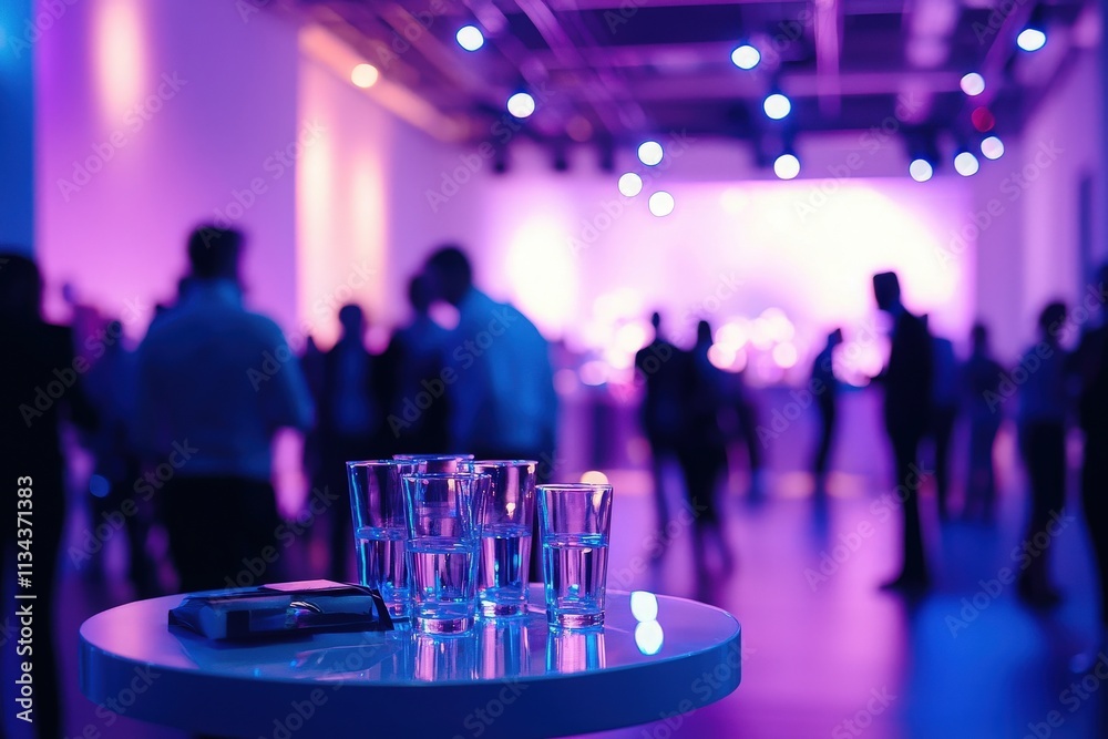 An energetic gathering takes place in a vibrant venue featuring colorful lighting. Attendees dance and socialize nearby a table with glasses of water, creating a lively atmosphere.