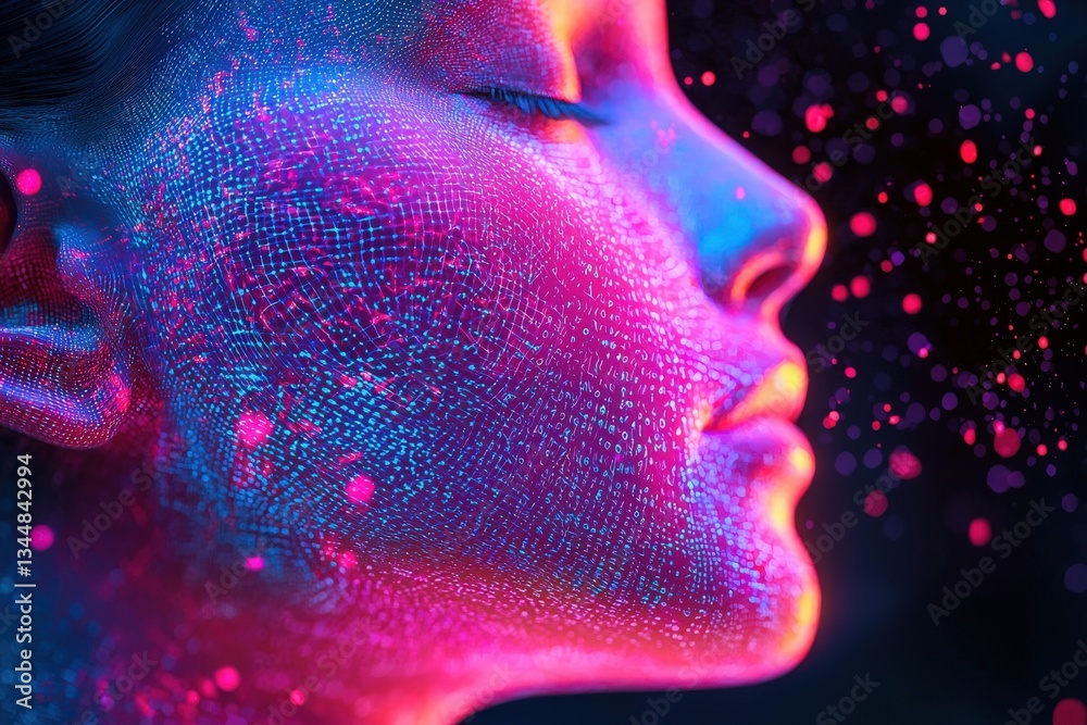 An ethereal representation of a womans profile, featuring a blend of vibrant pink and blue light shimmers.