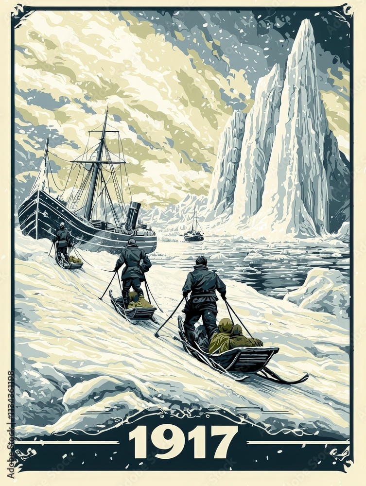 An exploration team pulls sleds over snow and ice toward a ship anchored in a cold, rugged polar region. Majestic ice formations tower in the background under a dramatic sky.