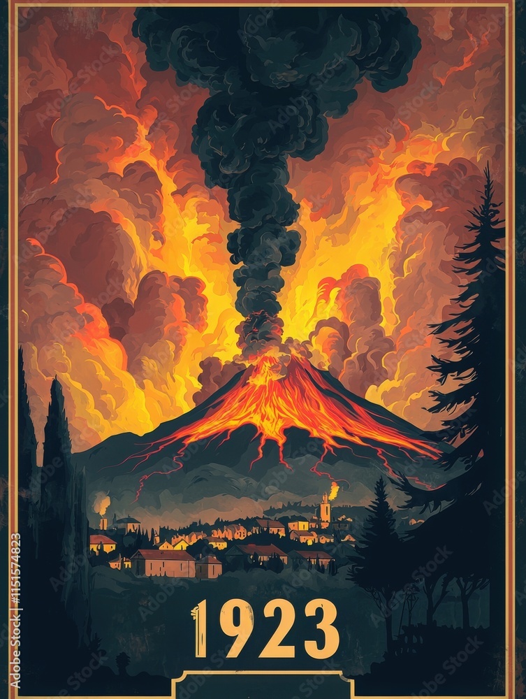 An explosive volcanic eruption fills the sky with smoke and fiery colors, illuminating the surrounding historic town. This scene captures the intensity and natural beauty in 1923.
