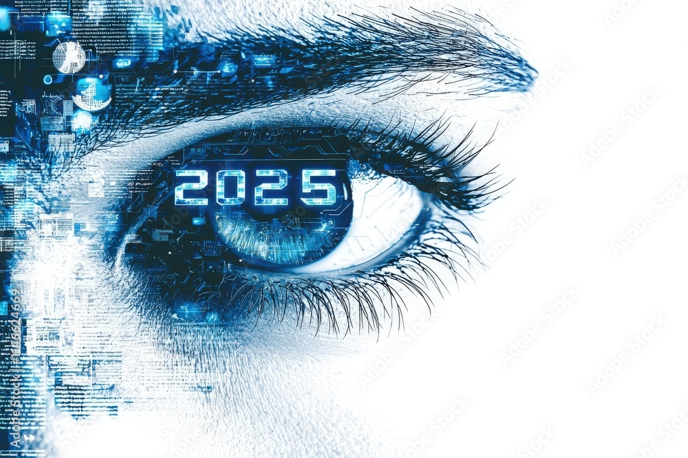 An eye is enhanced with digital graphics, showcasing the year 2025 alongside patterns of technology. The vibrant blue tones emphasize a futuristic vision filled with data elements.