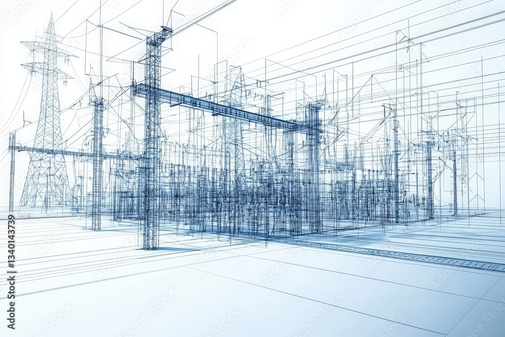 An intricate blueprint illustrates the layout of an industrial power plant.