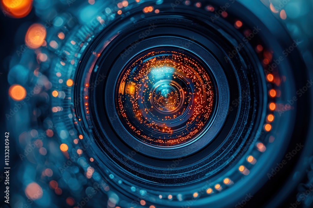 An intricate camera lens reveals sparkling lights and colorful reflections, emphasizing its structure and design. The composition highlights the beauty of photography equipment in detailed focus.