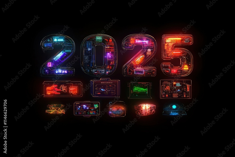An intricate design features the number 2025 in bright neon colors, surrounded by various technological elements and graphics, suggesting a futuristic theme full of innovation.