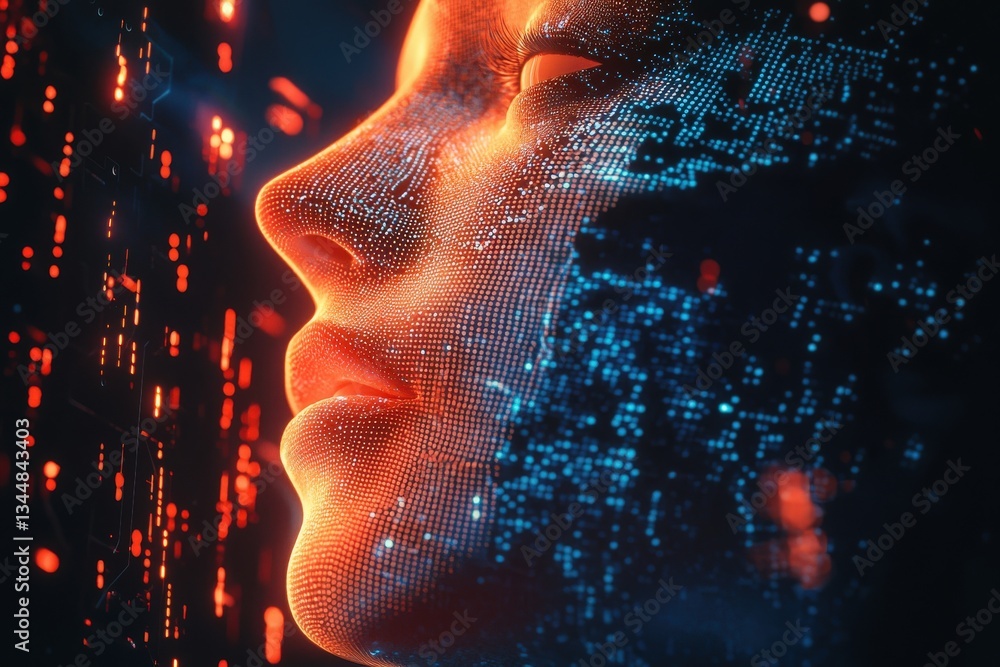 An intricate digital face appears against a backdrop of flowing data streams in bright orange and blue, suggesting a blend of technology and human features.