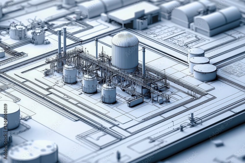 An intricate industrial layout illustrates multiple storage tanks, pipelines, and processing units.