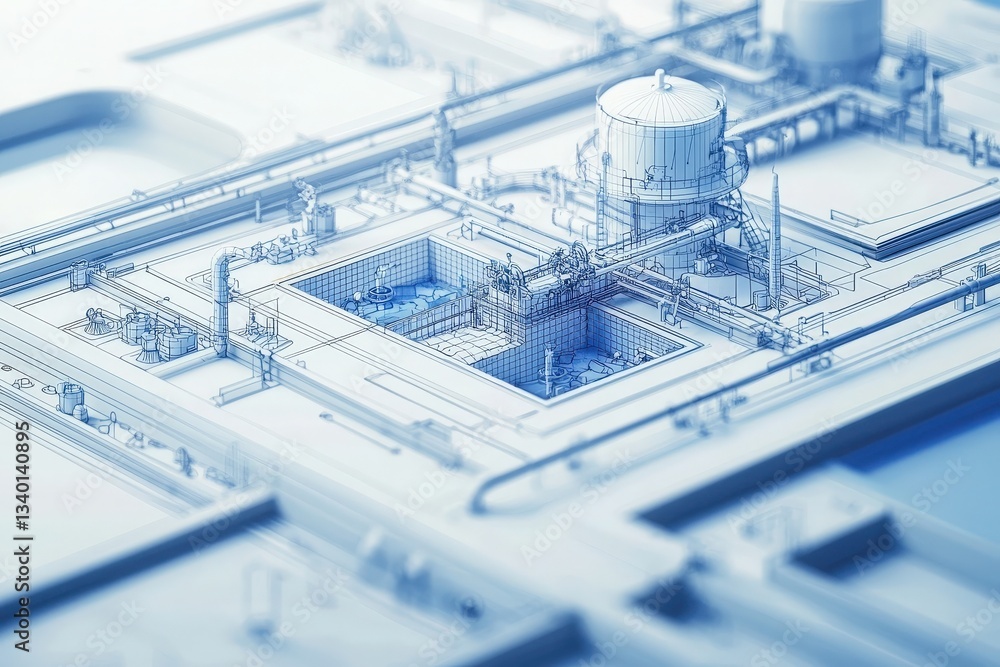 An intricate layout reveals a detailed engineering design of industrial facilities, featuring pipelines, storage tanks, and processing areas.
