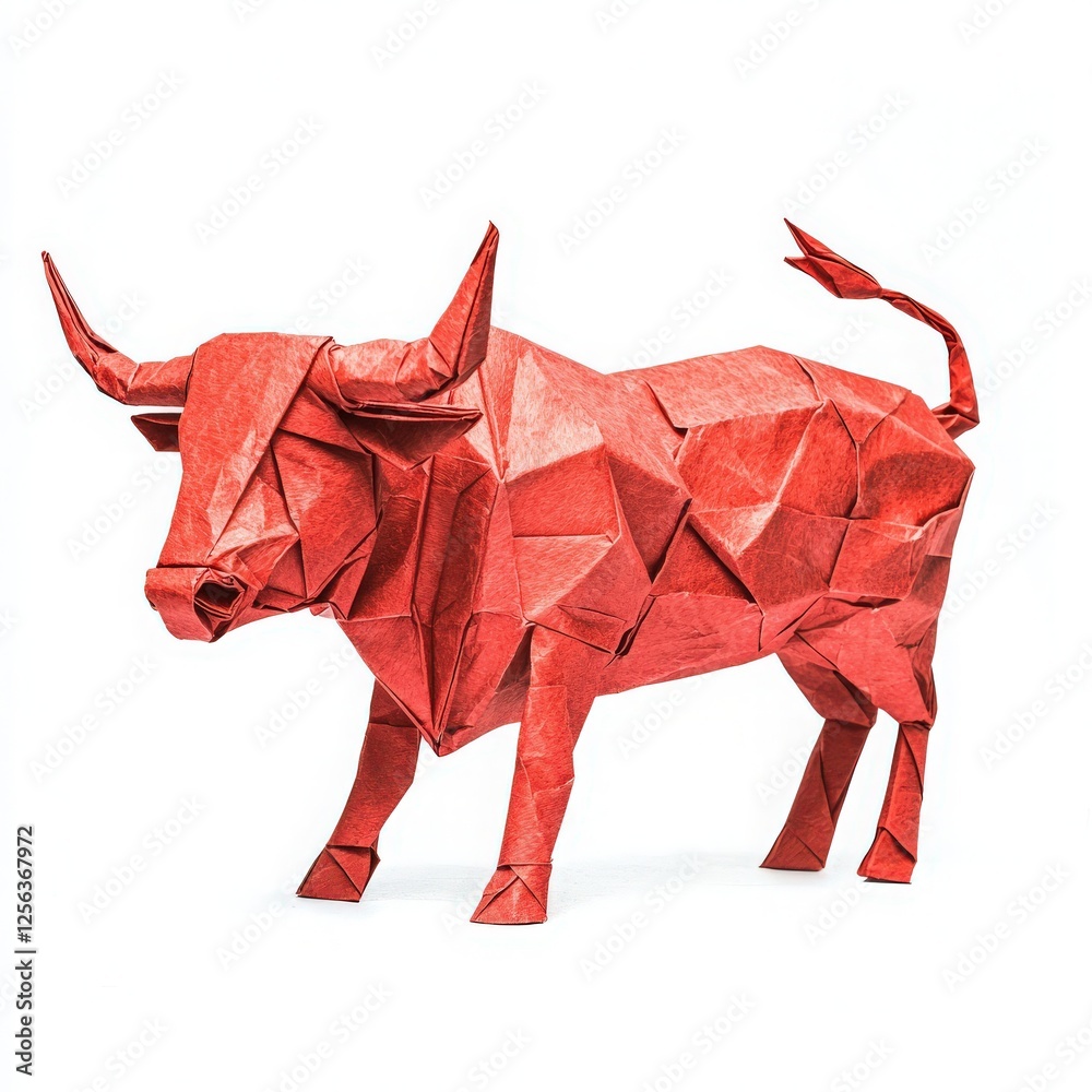 An intricate origami creation, a bright red bull, showcases the art of paper folding. The design emphasizes geometric shapes and sharp angles, highlighting skillful craftsmanship.