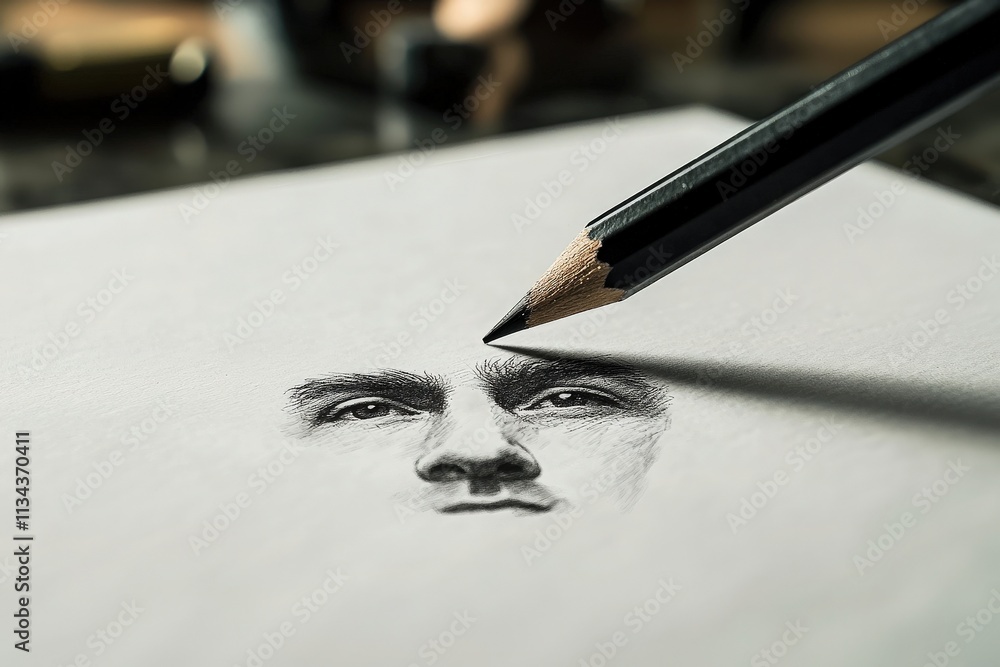 An intricate pencil sketch of a human face is in progress. A sharpened pencil is poised above the paper, capturing fine details in a well-lit creative workspace with art supplies around.