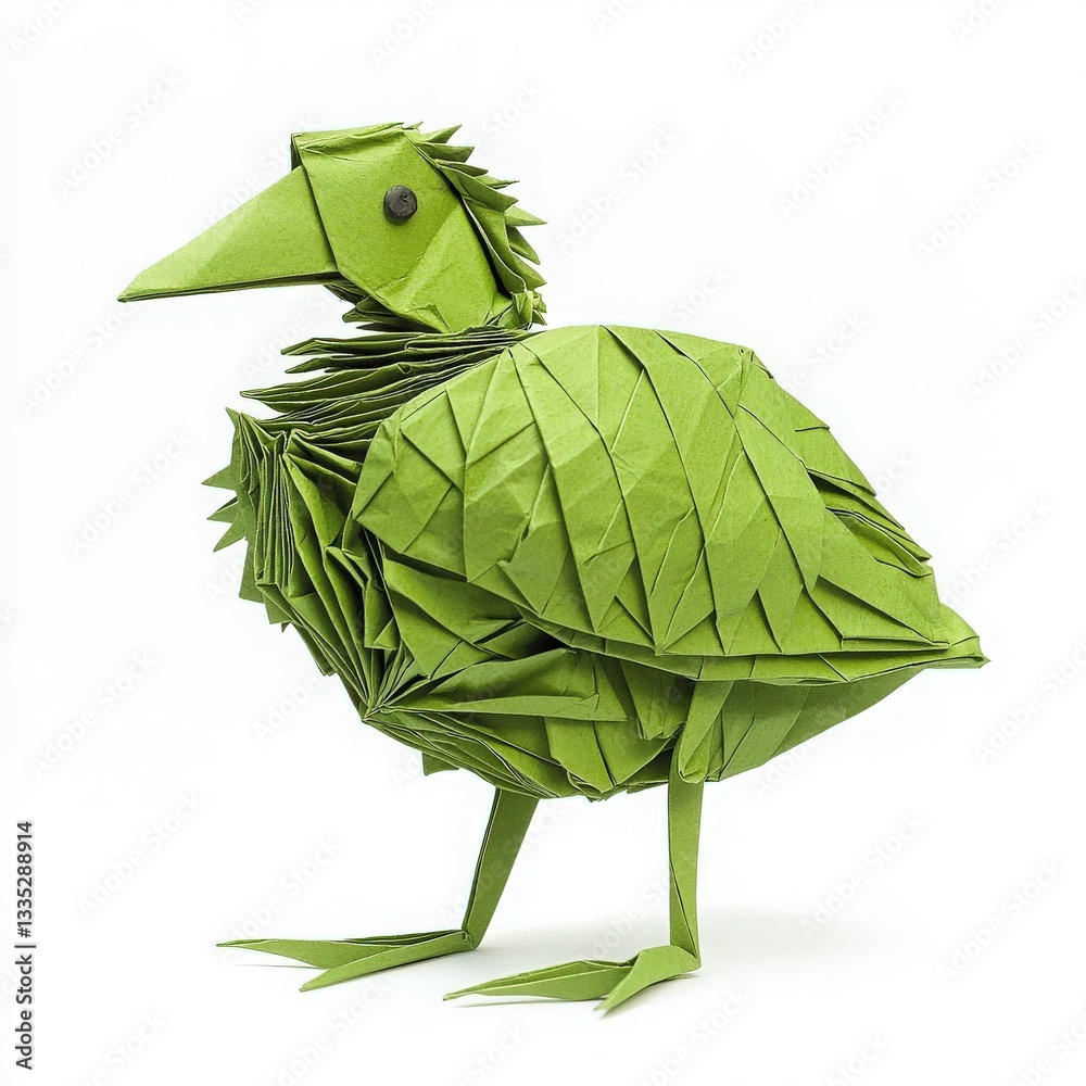 An intricately folded origami bird stands on a white background, showcasing detailed features and textures. The vibrant green paper gives the bird a lively appearance, highlighting artistic skill.