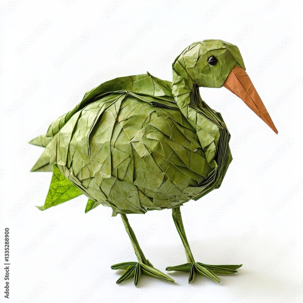 An intricately folded origami bird stands proudly, crafted from green paper.
