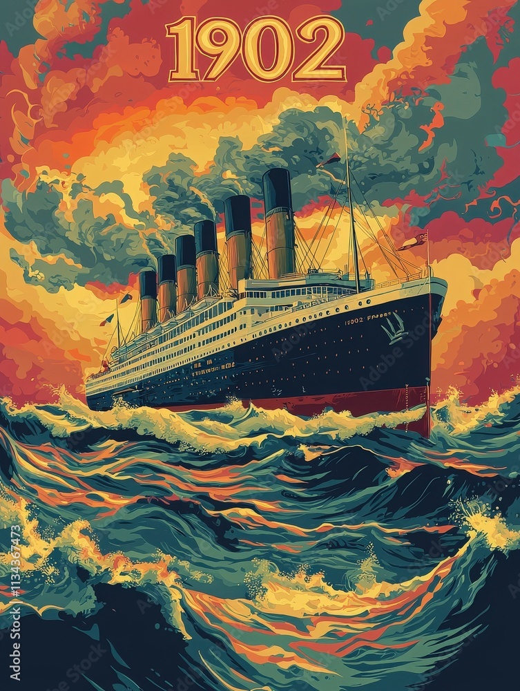 An ocean liner showcases its grand structure amid stormy waters, highlighted by vibrant clouds and waves. The year 1902 emphasizes its historical significance and majestic presence.