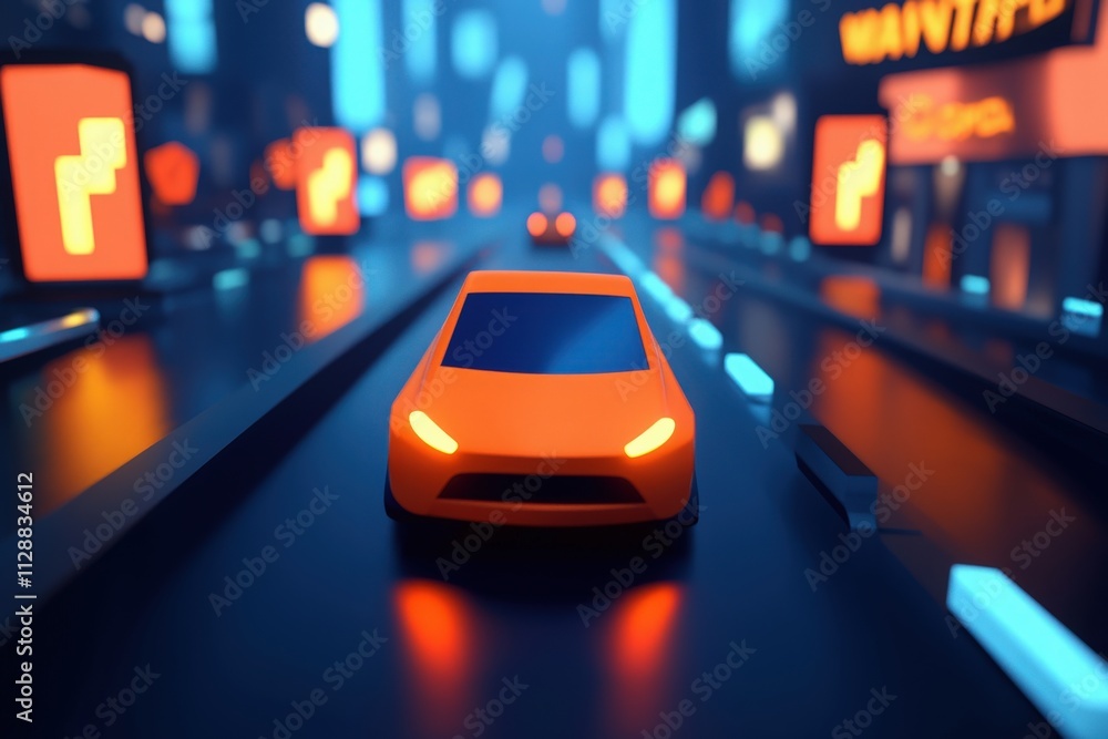 An orange car approaches from the foreground on a vibrant street illuminated by neon lights at night. City buildings and digital billboards create a futuristic urban atmosphere.