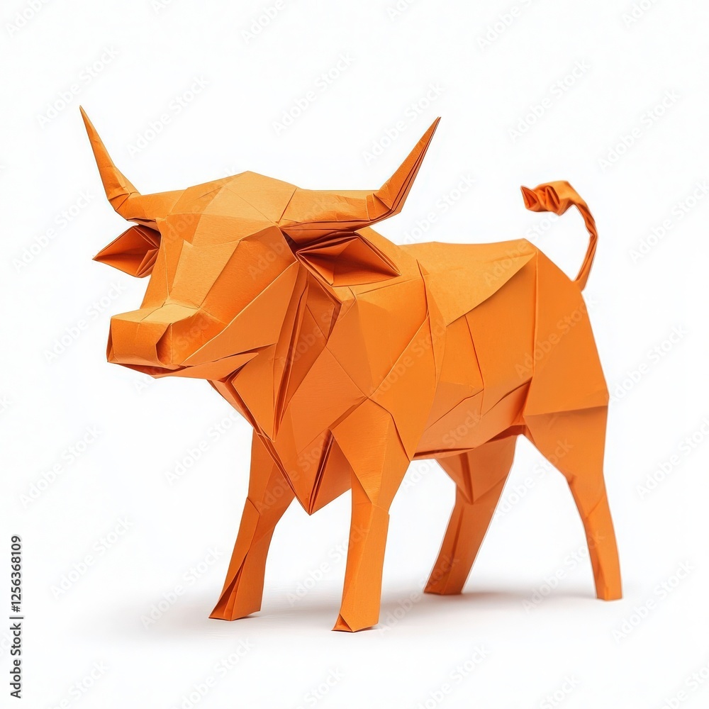 An orange origami bull stands proudly, showcasing careful folds and sharp lines. The artwork symbolizes strength and creativity, perfect for decoration or educational purposes.