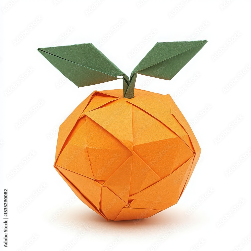 An origami orange crafted from folded paper sits upright, displaying its vibrant orange color and intricate geometric design. Two green leaves enhance its realistic appearance.