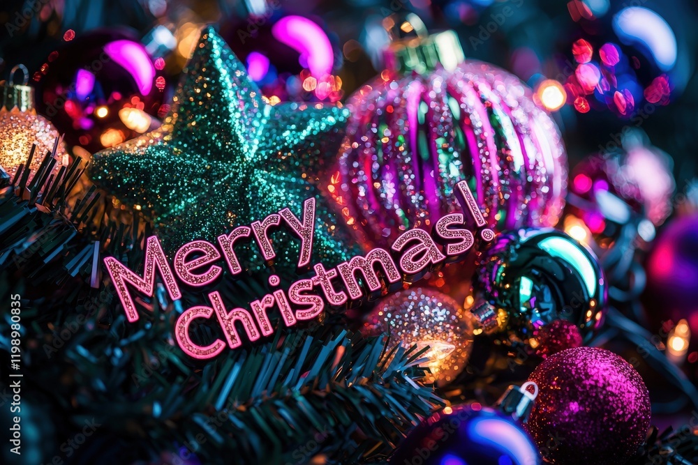 Beautifully arranged Christmas ornaments include a shining star and pink baubles. Bright lights create a festive atmosphere, enhancing the celebratory spirit of the season.