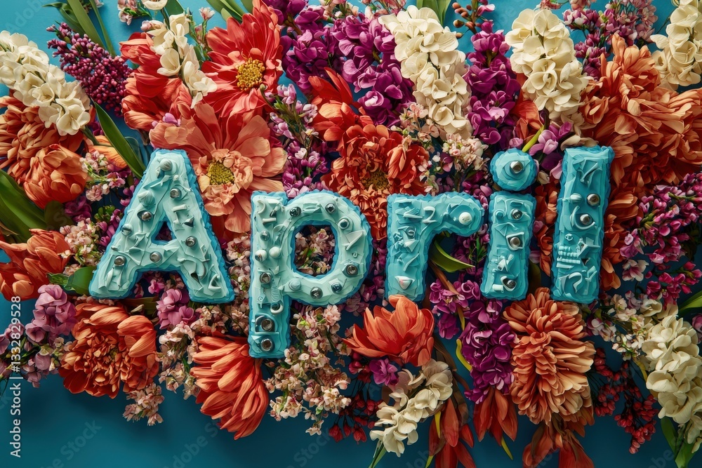 Beautifully arranged flowers in shades of orange, pink, and purple surround large blue letters that spell April. The vibrant colors create a lively and cheerful atmosphere, perfect for spring.