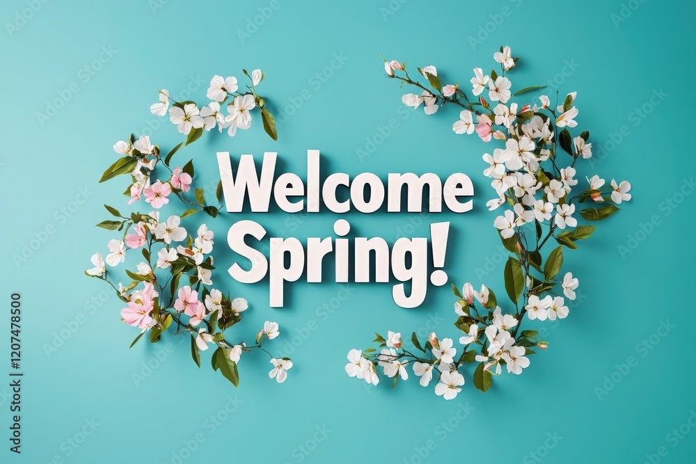 Blossoms in shades of pink and white surround cheerful text on a bright blue background, inviting everyone to embrace the beauty and joy of the spring season.