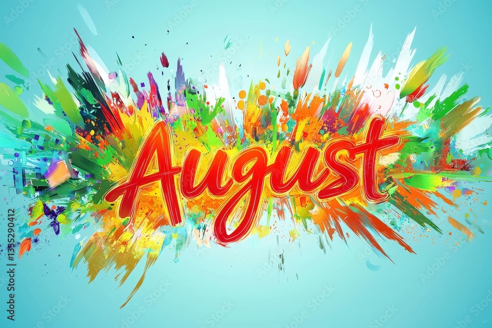 Bold and colorful splashes fill the background while the name August stands out prominently in bright red letters. The lively hues create an energetic and playful atmosphere.