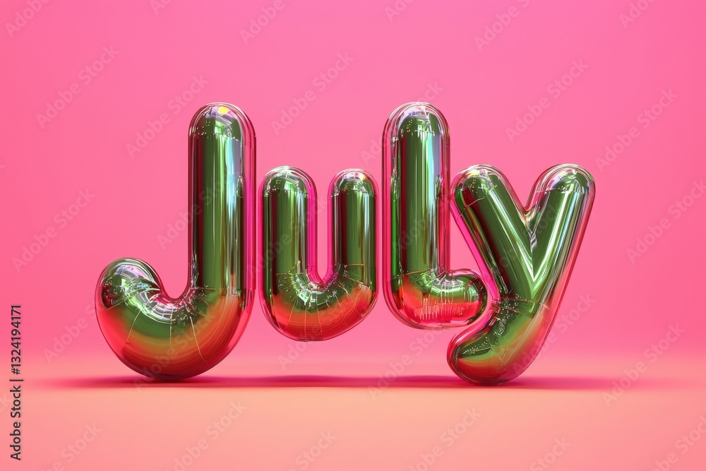 Bold balloon letters spelling July stand out against a bright pink background. The shiny, reflective surface adds a festive touch, perfect for summer decorations or events.