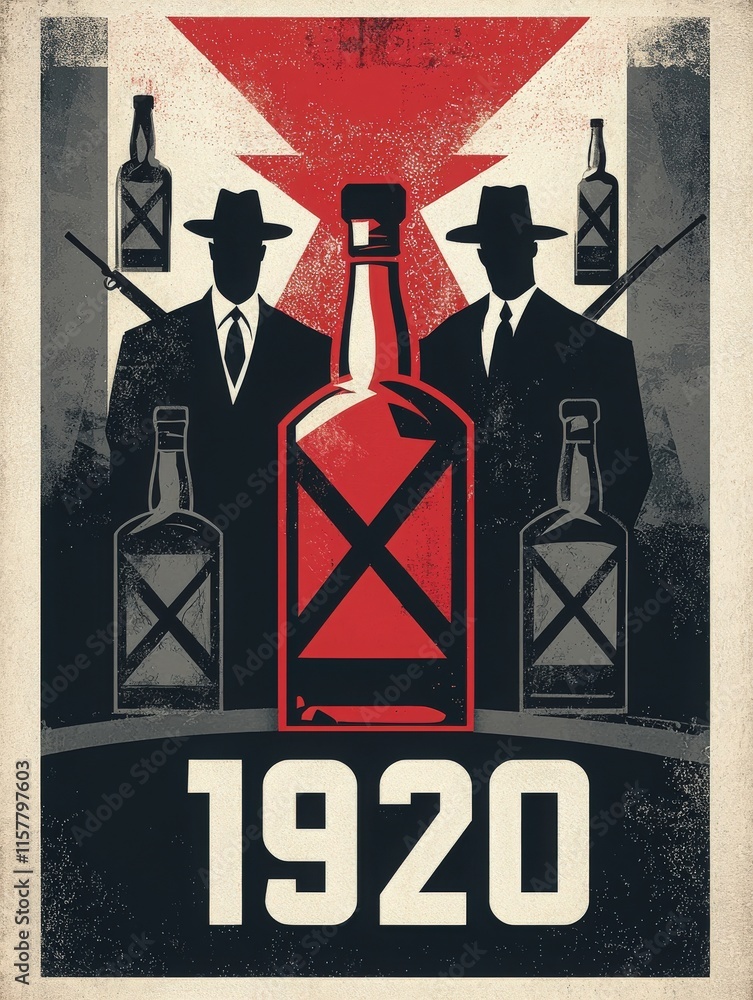 Bold design highlights two shadowy figures in suits standing behind a large liquor bottle, evoking the atmosphere of the 1920s prohibition era with dynamic colors and imagery.