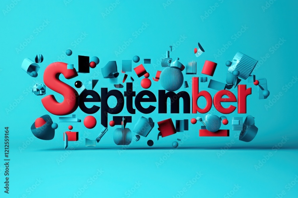 Bold lettering spelling September is surrounded by vibrant geometric shapes in red, blue, and various textures against a bright turquoise backdrop, highlighting creativity and design.