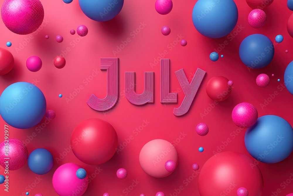 Bold letters spell July amidst a playful arrangement of various colorful spheres on a vibrant background. The dynamic composition invites a festive and lively atmosphere, perfect for summer.