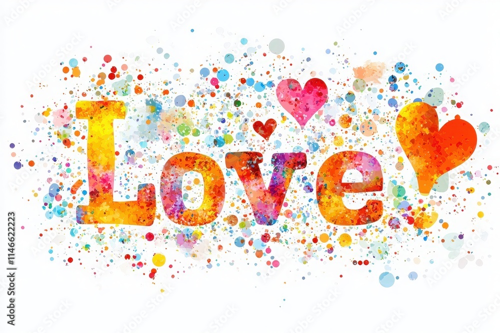 Bold letters spell love surrounded by colorful hearts and splashes of paint, creating a festive and joyful atmosphere perfect for expressing affection and celebration.