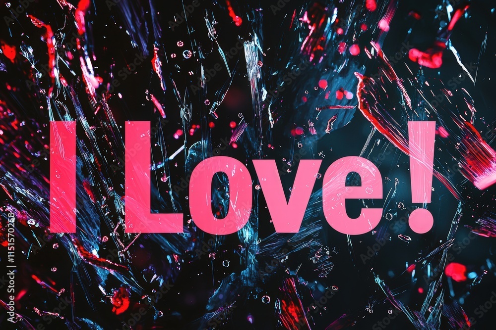 Bold letters spell out I Love against an abstract backdrop of vivid colors and dynamic water droplets. The vibrant design evokes feelings of passion and creativity.