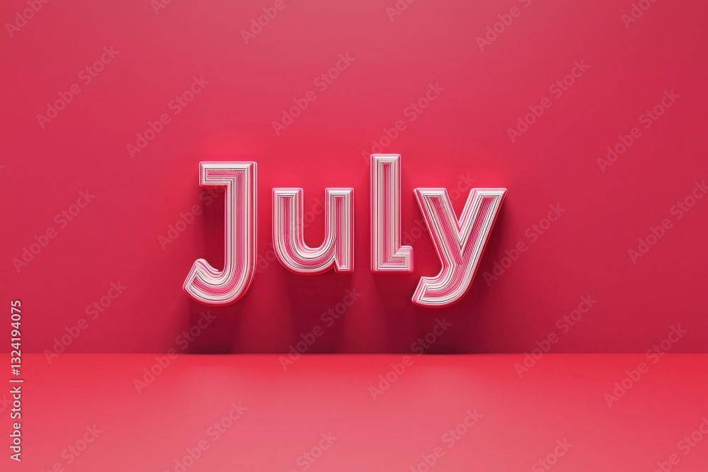 Bold letters spelling July are displayed prominently against a vivid red background, creating a striking visual effect. The clean lines and soft shadows enhance the modern aesthetic of the design.