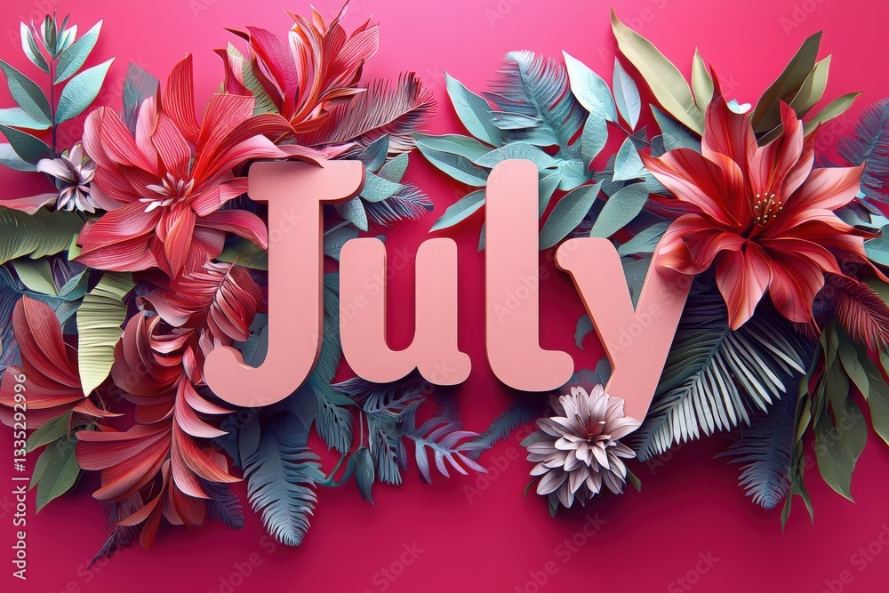Bold letters spelling July are surrounded by an arrangement of colorful flowers and greenery. The striking pink background enhances the vibrant colors, creating an eye-catching display.
