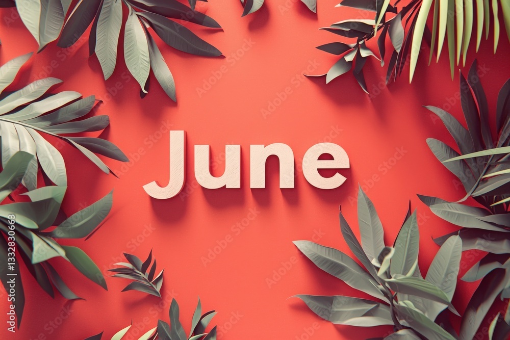 Bold letters spelling June take center stage against a warm coral background, surrounded by lush green leaves that add a touch of nature and vibrancy to the season.