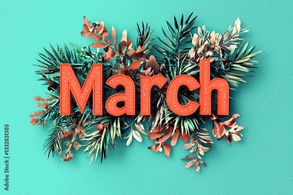Bold letters spelling March are surrounded by colorful tropical leaves and flowers against a teal backdrop. The arrangement showcases a lively and vibrant spring theme perfect for celebration.