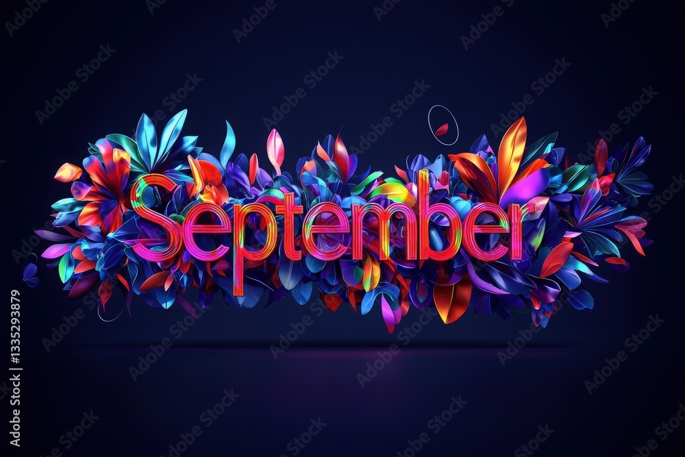 Bold letters spelling September are surrounded by a stunning array of vibrant, colorful leaves. The dark background highlights the brilliant hues, creating a striking visual composition.
