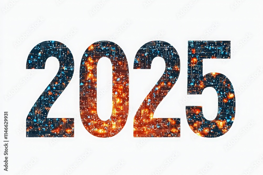 Bold numbers representing the year 2025 are filled with intricate patterns of light and technology. This design symbolizes innovation and digital advancement in the near future.