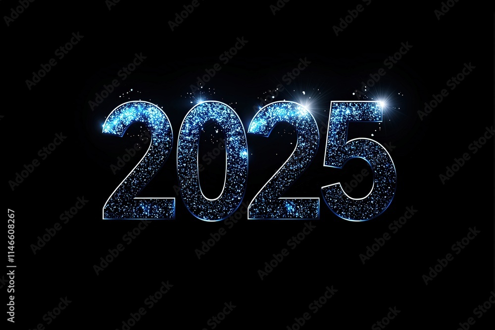 Bold numbers spell out 2025 in shimmering blue hues, illuminated against a black backdrop, suggesting a festive atmosphere for New Year celebrations or future events.