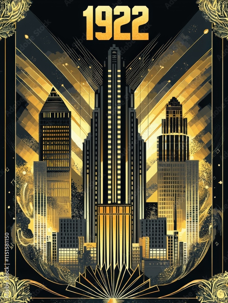 Bold skyscrapers rise against a dark backdrop, reflecting the Art Deco style of 1922. Golden details highlight the architectural features, creating a striking historical representation.