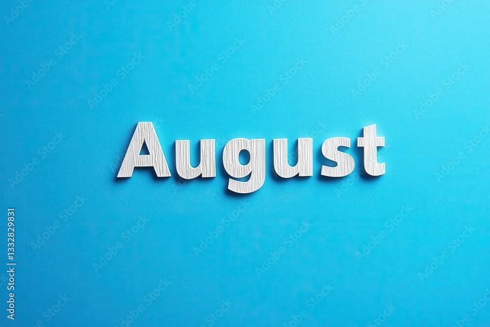 Bold, textured letters spell out August, creating a visually striking contrast against a vibrant blue surface. The design emphasizes simplicity and clarity, perfect for summer themes.