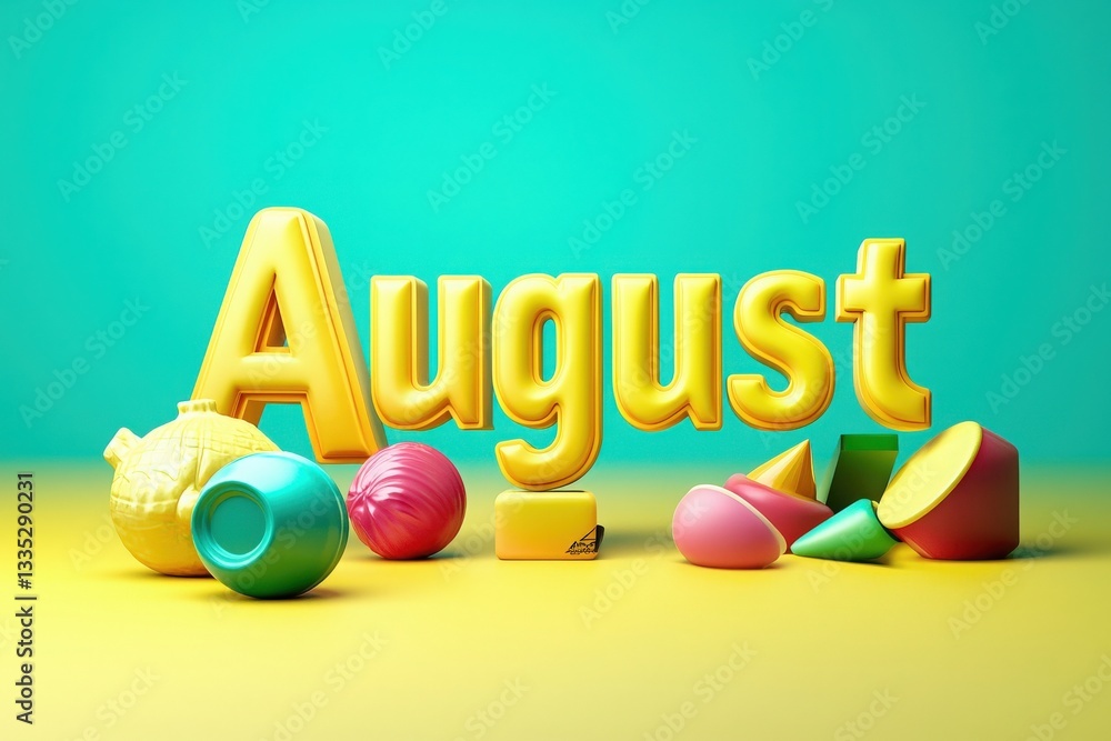 Bold yellow letters spell out August on a vibrant background. Surrounding shapes in various colors add a playful touch, creating a cheerful and inviting atmosphere for summer.